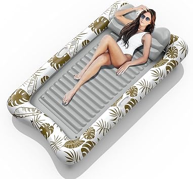 Rrtizan Inflatable Tanning Pool Rafts for Adults, 83.5" x 52.4" Adult Pool Floats with Pillow, Cup Holder & Handles, 4-in-1 Suntan Tub Raft Floatie for Pool, Backyard, Kids Ball Pit
