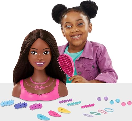 Miniatura 2 de Barbie Cabeza de estilo de muñeca, cabello castaño con 20 accesorios coloridos, cabeza de muñeca para peinar el cabello