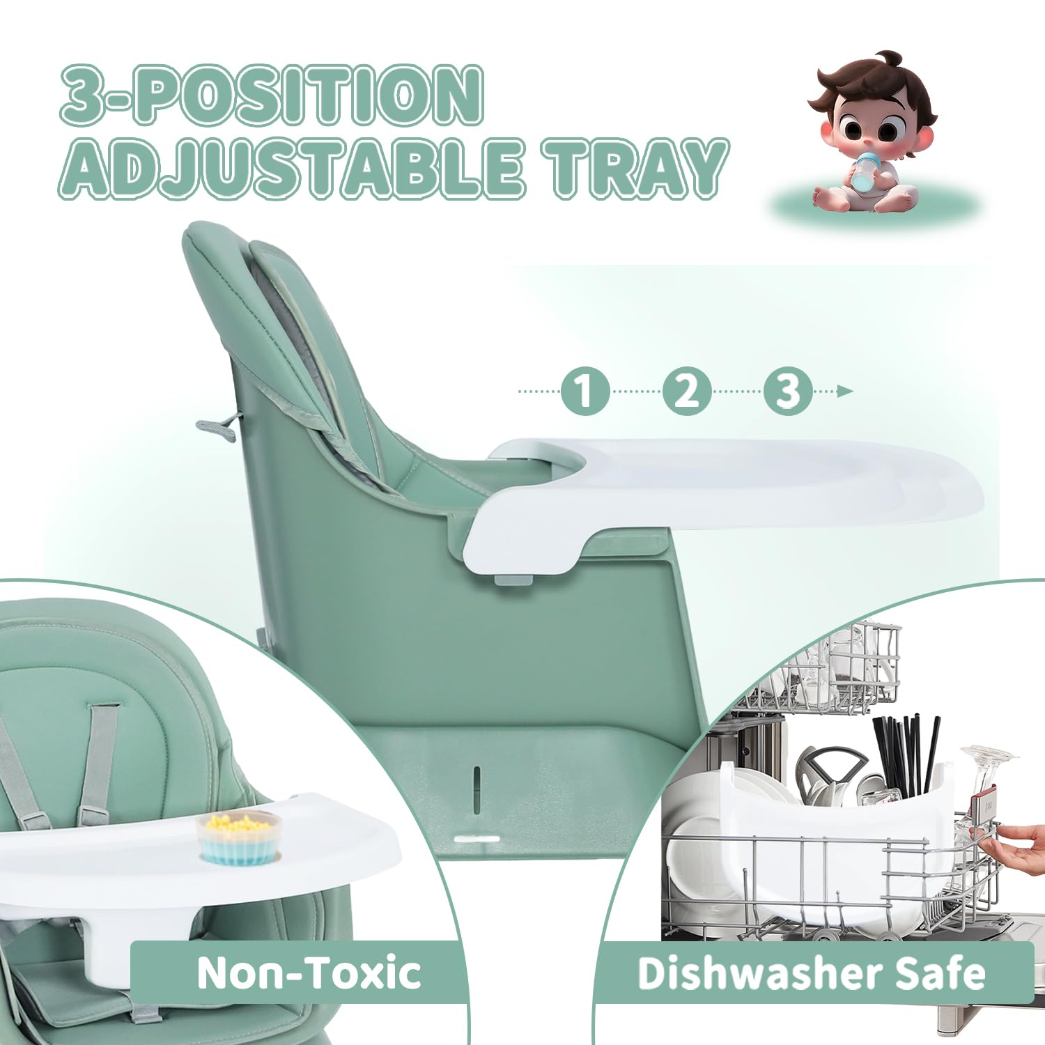 Kinder King 8 in 1 Baby High Chair, Coverts to Dining Booster Seat/Kids Table & Chair Set/Toddler Building Block Table/Kids Stool, Removable Tray & Double Seat Cover, Easy to Wipe, Green & White