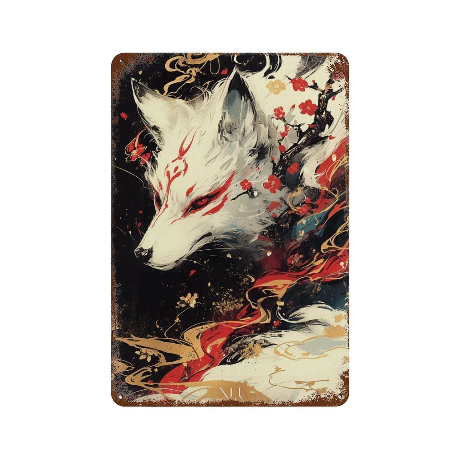 Fox Spirit with Cherry Blossoms -1 Retro Metal Sign 11.8"x7.9", Classic Wall Plaque for Basement, Hobby Room And Garage Decor