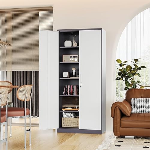 Miniatura 39 de Armario de almacenamiento de metal de 71 pulgadas con cerradura, resistente, gabinetes de herramientas de garaje con puertas y estantes, gabinete