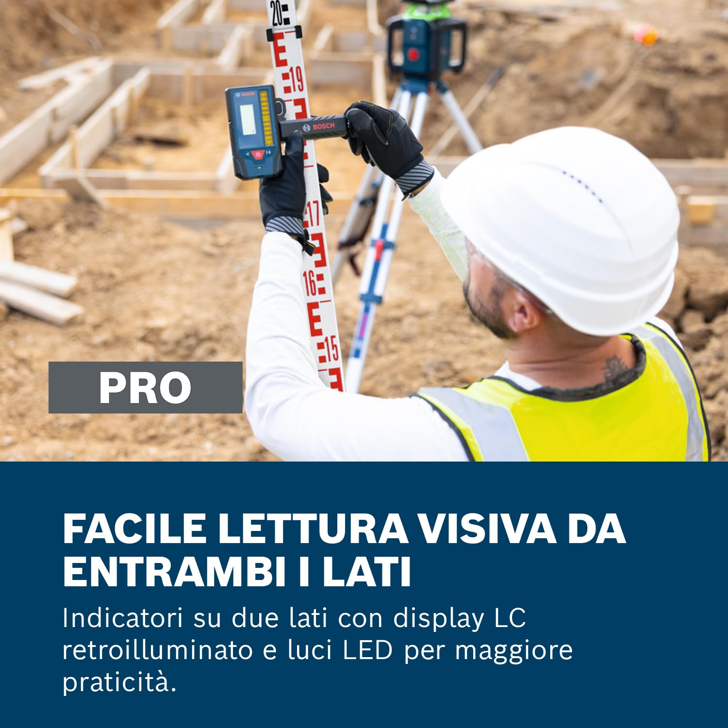 Bosch PRO Ricevitore Laser Rotante LR3-2 (indicatori su due lati, area di ricezione da 80 mm, compatibile con livelle laser rotanti verdi e rosse, magneti integrati)