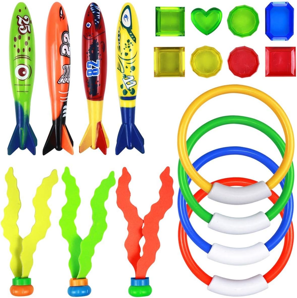 Underwater Diving Pool Toys Kit, iving Torpedo Bandits Diving Rings Gemstones Diving Ball Streamers Sinking Seaweed Diving Toys Swimming Pool Toys Training Gift for Kids Boys Girls, 19PCS