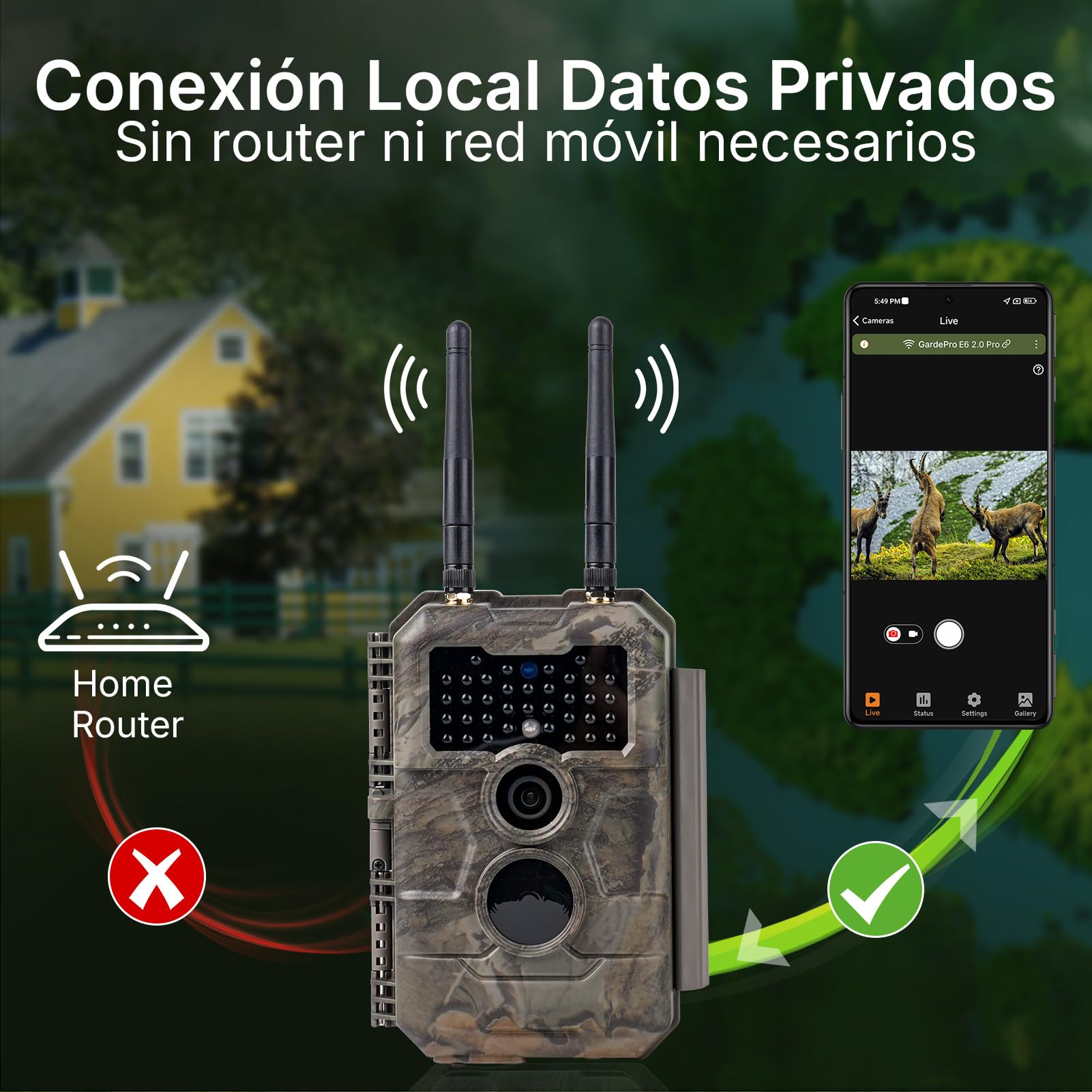 GardePro E6 2.0 Pro Camara Fototrampeo 4K WiFi, Batería de 7800 mAh y Tarjeta SD de 64 GB, Alcance Wi-Fi de 50 Metros, 64MP Cámara Caza, IP66 Cámara Fototrampeo con Envío al Móvil