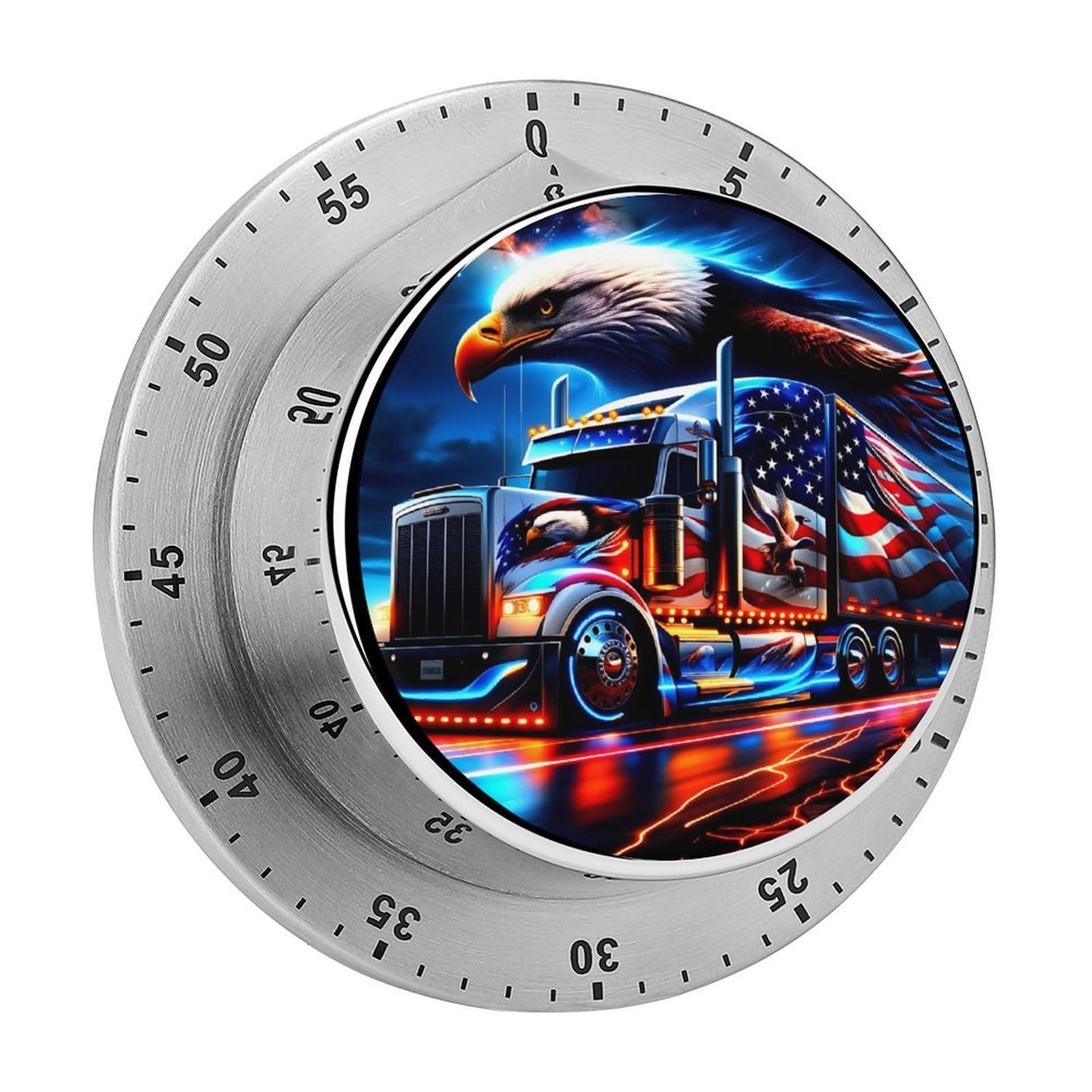 American Flag Eagle Truck Patriotic 60 Minute Wind Up Timer,Visual Mechanical Magnetic Timer with Loud Alarm for Kitchen