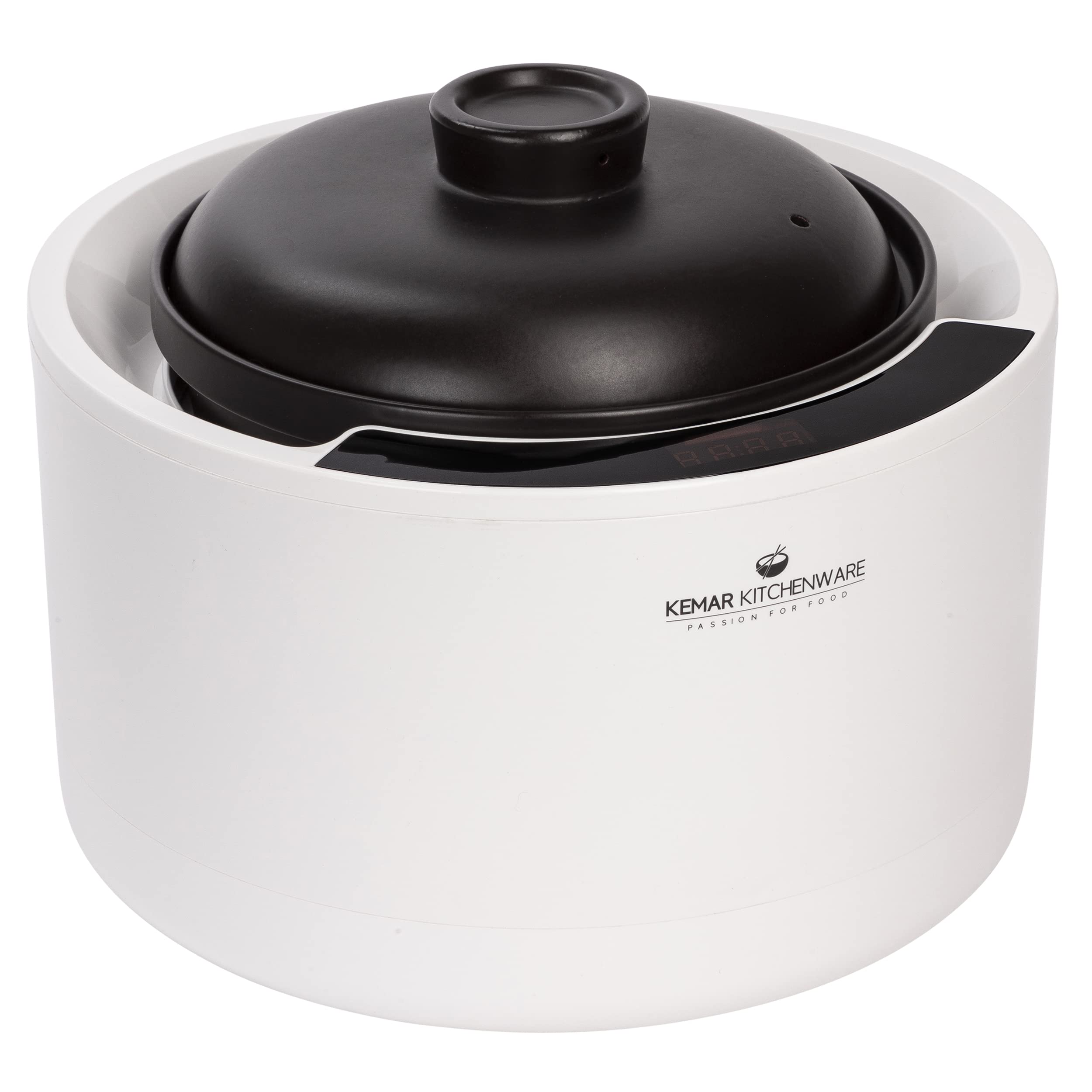 KeMar Reiskocher 2,5l mit Keramiktopf - Topf besteht vollständig aus Keramik (Donabe, Tonkeramik, Tontopf, Keramiktopf) - Weiß, 900W - Schongarer, Dampfgarer, Warmhaltefunktion (KCC-280)