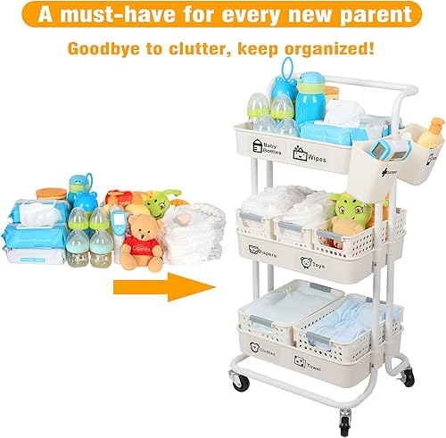 Miniatura 3 de Carrito organizador de pañales para bebé, carrito rodante móvil resistente de 3 niveles con cestas y tazas colgantes, gran capacidad, artículos