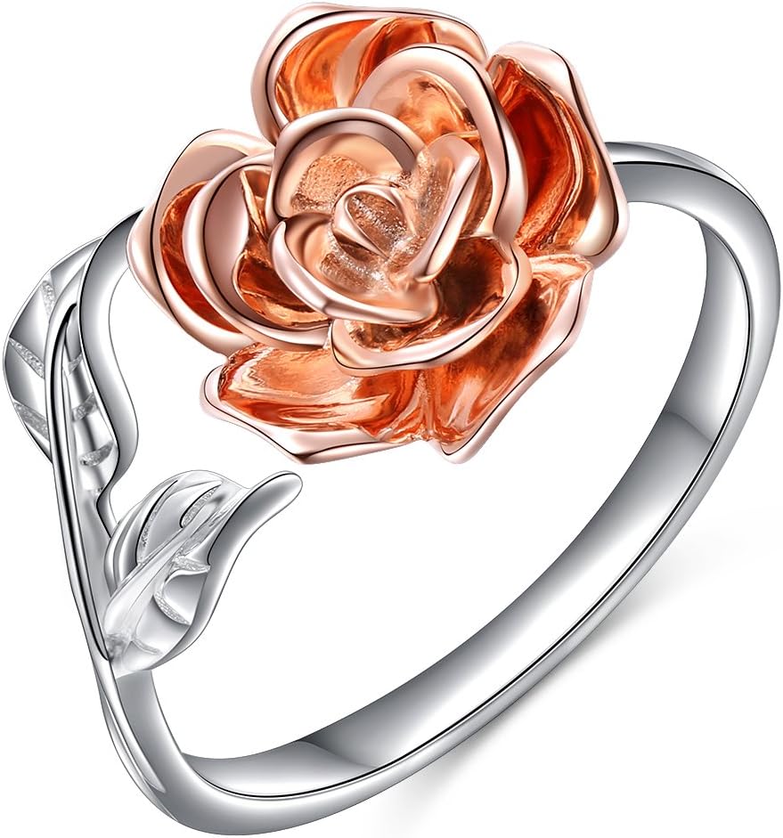 DAOCHONGRings for Women S925 Sterling Silver Rose Flower Adjustable Rings Romantic Valentine Gift for Teen Girls