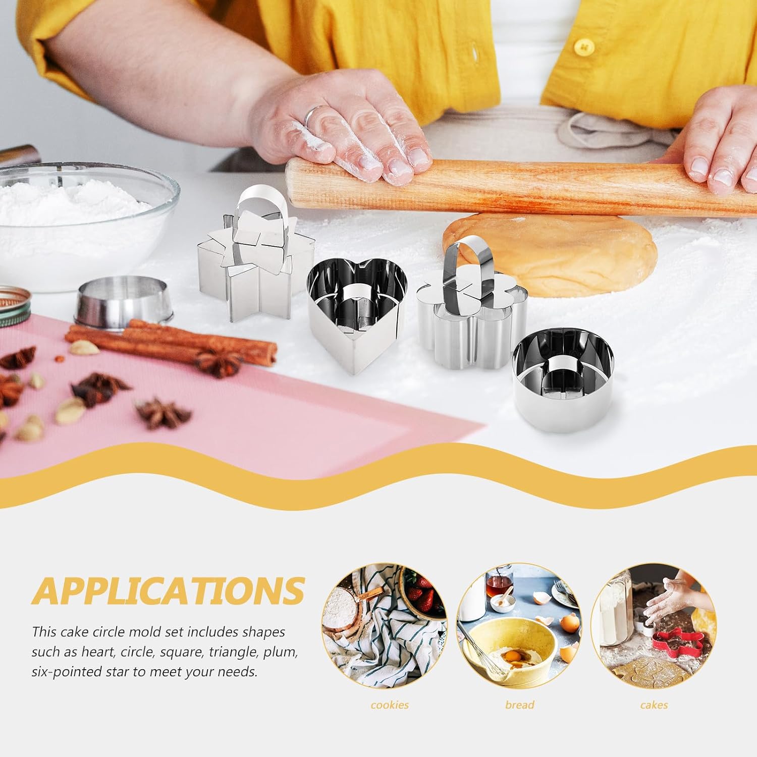 Angoily Mousse Cake Rings in Shapes 6pcs Stainless Steel with Nonstick Surface and Compact Design, Pastry Dessert Molds and Biscuit Cookie Cutter for Baking Tarts
