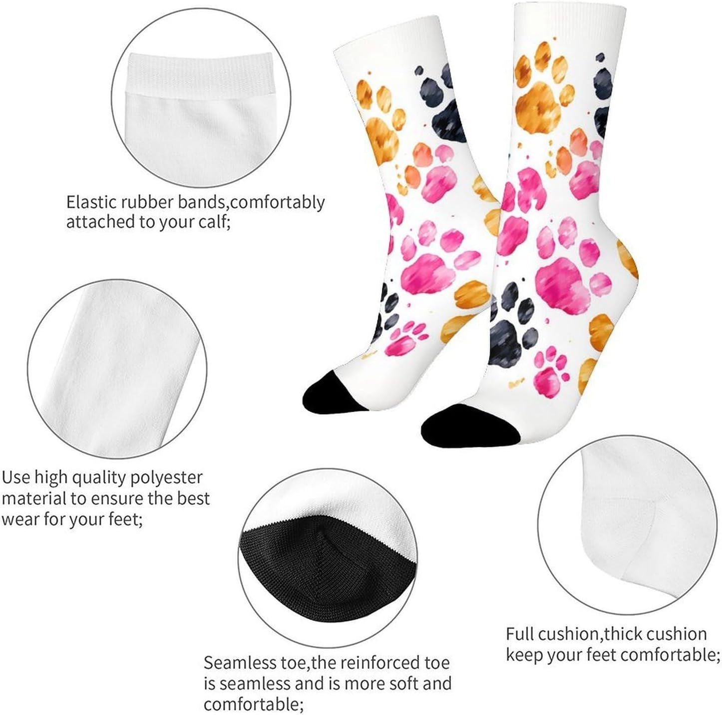 Breathable Sports Socks, Moisture Wicking, Lightweight Crew Socks | Colorful Dog Paws Athletic Calf Socks for Women Men, Casual, Anti-Slip, Multifunctional Work Socks