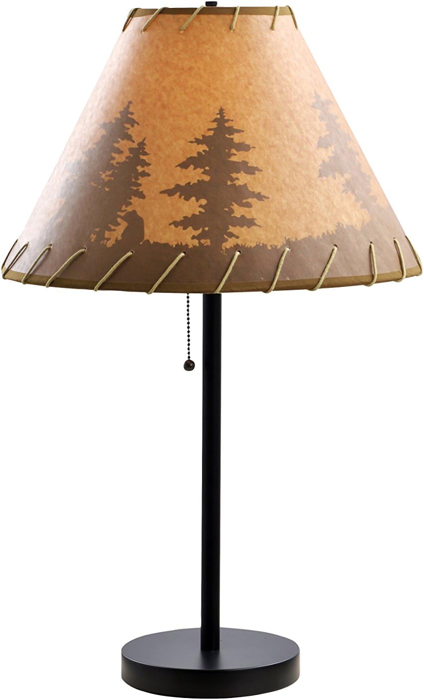 Catalina Lighting 26" Lodge Table Lamp with Printed Pattern on Oil Paper Shade, Rope Stitched Trim and Pull Chain Switch, 19909-000