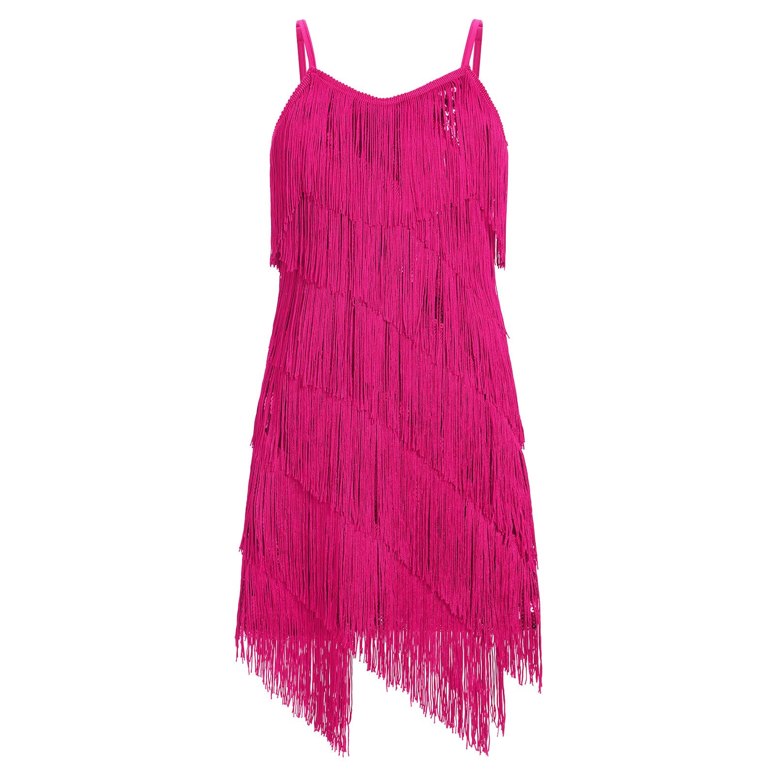 FYMNSI Latein-Tanzkleid für Mädchen, Ballsaal, Tanz-Outfit, V-Ausschnitt, glitzernde Pailletten, Quaste, Fransenkleid, Tanzkleidung