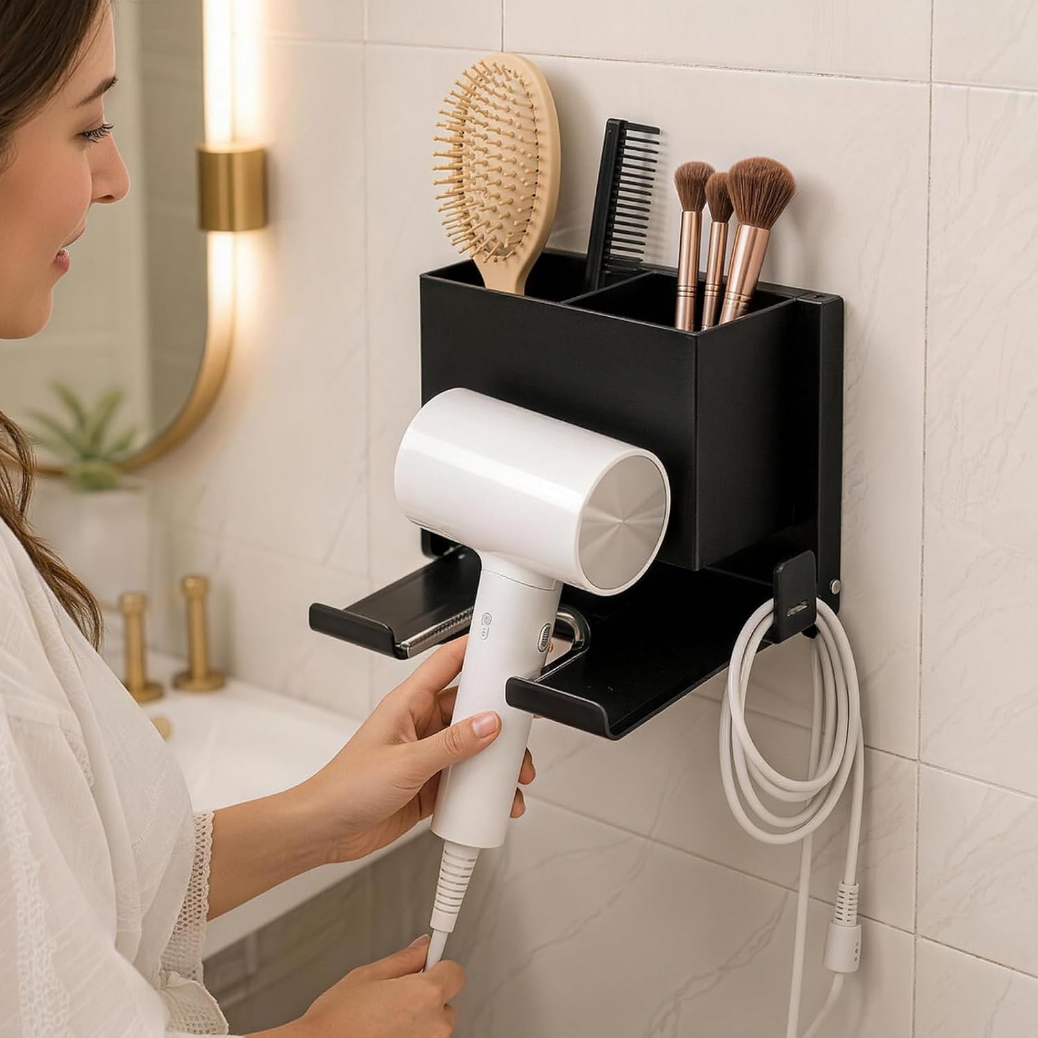 Wall Mount Hair Tool Organizer, Hair Dryer Holder Wall Mounted, Metal Storage Rack with Hooks, Dual Installation for Bathroom Blow Dryer and Curling Irons