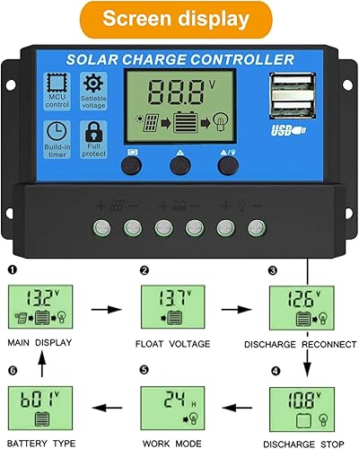 Miniatura 3 de EEEkit Controlador de carga solar de 30 A, controlador de cargador de panel solar 12 V24 V, pantalla LCD ajustable multifunción con doble puerto USB