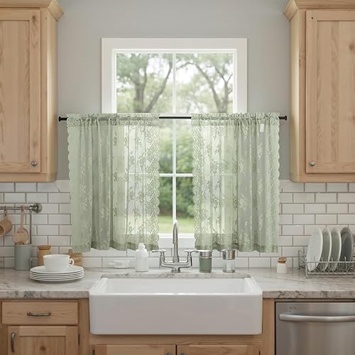 Miniatura 12 de Kotile Cortinas traslúcidas beige de 96 pulgadas de largo para sala de estar, 2 paneles de cortinas rústicas de encaje florales retro crema para