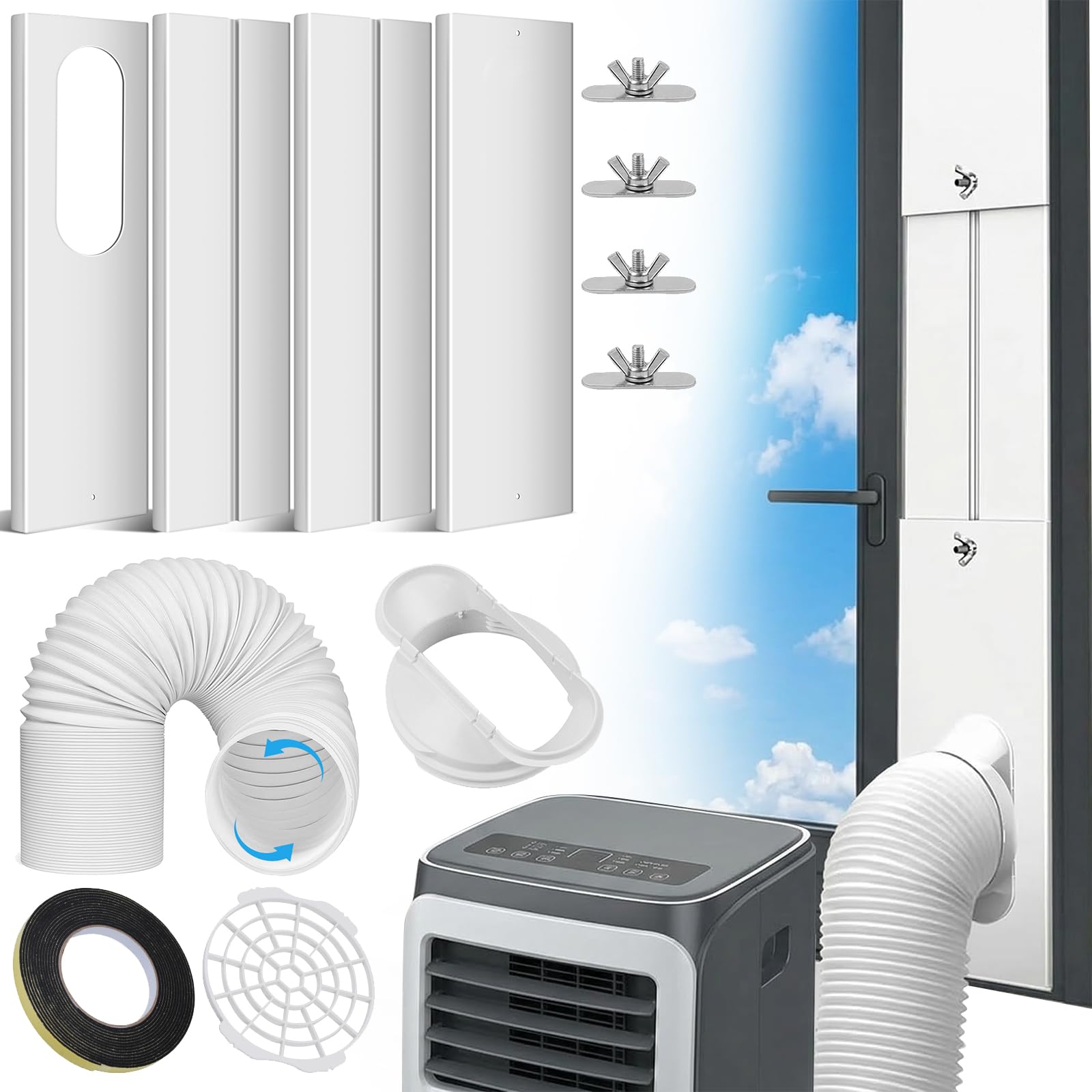 Kit Ventana Aire Acondicionado, 4 Placas de Sellado Kit Puerta de Corredera Ajustable 43-150cm, Accesorios Aire Portátil con Tubo 150mm de Diámetro para Ventanas Correderas