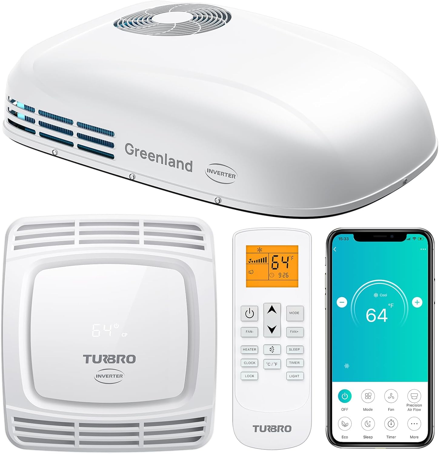 TURBRO Inverter 13.5K BTU RV Air Conditioner with Cooling and Heat Pump, Non-Ducted Low-Profile Rooftop Unit, Quiet Operation, WiFi & Remote Control, LED Atmosphere Light, Black