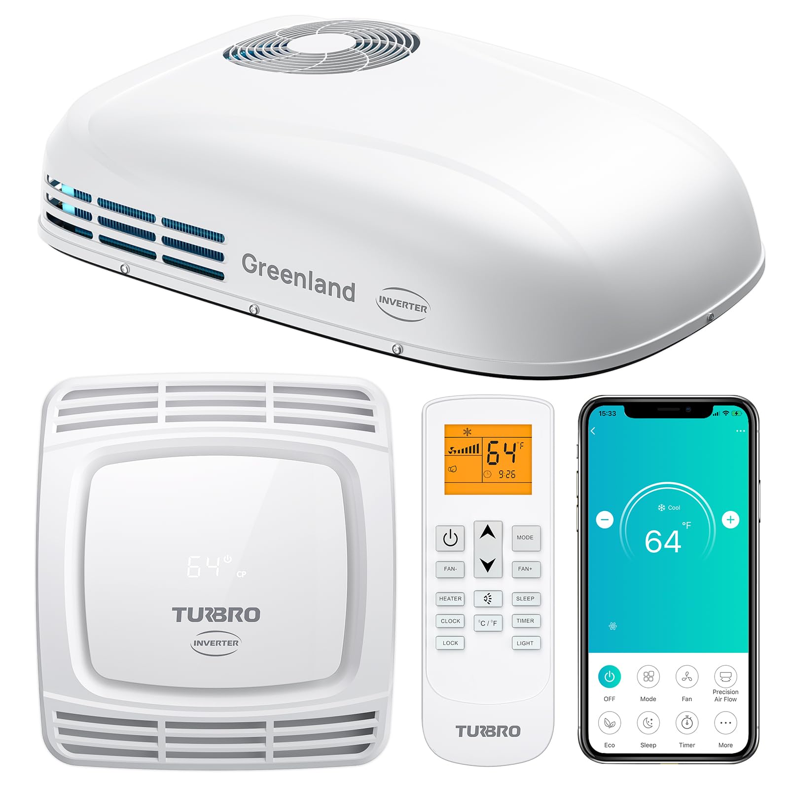 TURBRO Inverter 13 5K BTU RV Air Conditioner with Cooling and Heat Pump Non-Ducted Low-Profile Rooftop Unit Quiet