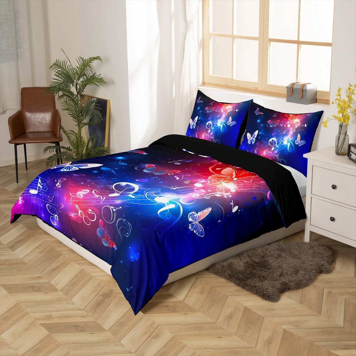 Flying Butterflies Bedding Set King Size Music Notes Comforter Cover for Kids Child, Rustic Aesthetic Animal Duvet Cover for Boys Teens Youth Musical Quilt Cover Red Blue Butterfly Bedroom Decor