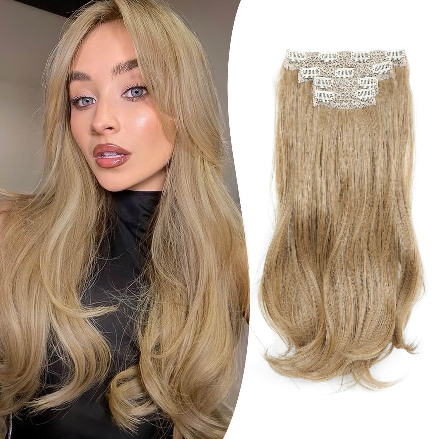 Ms Taj Honey Blonde Hair Extensions Clip in Upgrade Softer Invisible Lace Weft Thick Layered Clip in Hair Extension 20Inch 4PCS Lightweight Wavy Hairpieces Full Head Designed for women delicate hair