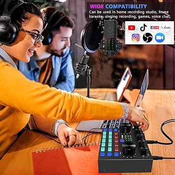 Audio Interface Podcast Equipment Bundle, All-in-One Live Mixer Audio Streaming Podcast Microphone Studio Condenser Mic Kit Gaming PC Phone Karaoke Recording Card Sound Voice Changer Black