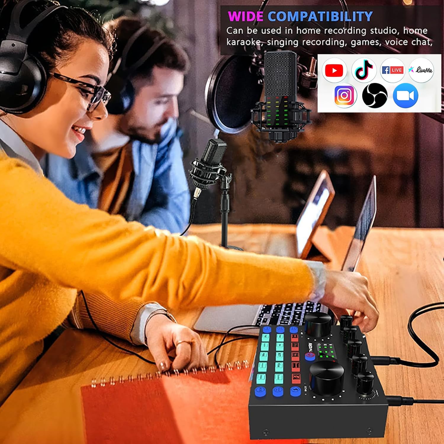 Ensemble d'équipement de Podcast Micro Gaming Carte Son Karaoke Table de Mixage DJ Set, focombance Interface Audio Mixage Micro Pc Cable Usb Microphone à condensateur Bluetooth Streaming Micro Gamer