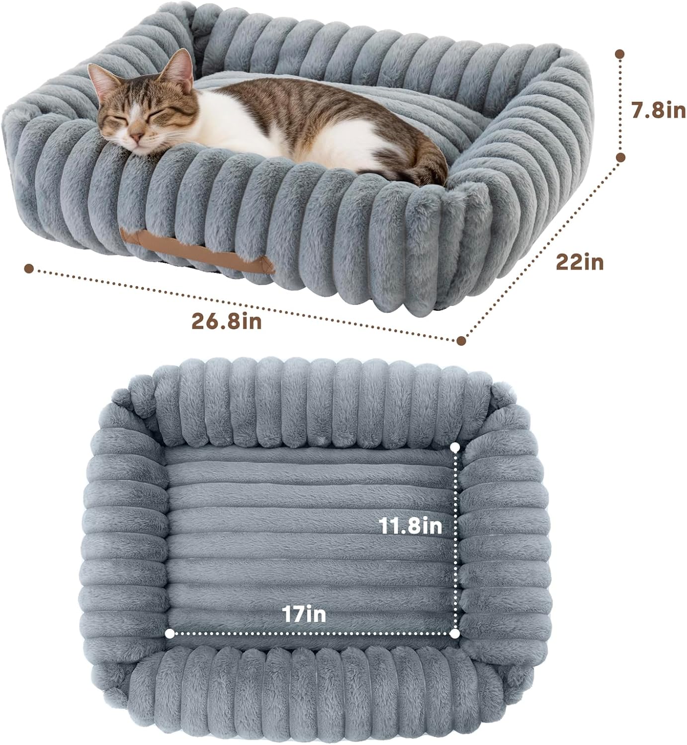 JOENIE Plush Orthopedic Dog Bed - Washable Pet Bed with Removable Zipper Cover, Non-Slip Bottom, Corduroy Fleece Small Dog/Cat Bed for Indoor Use, 25" L×21" W×7" Th, Cream (Light Grey)