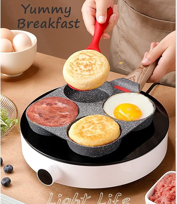 HUPECHAM 4-Cup Egg Pan Nonstick, and Healthy Granite Egg Frying Pan, Versatile Breakfast Skillet for Eggs, Pancakes, Plett, Crepes, Compatible with Gas Stove and Induction Cooktop