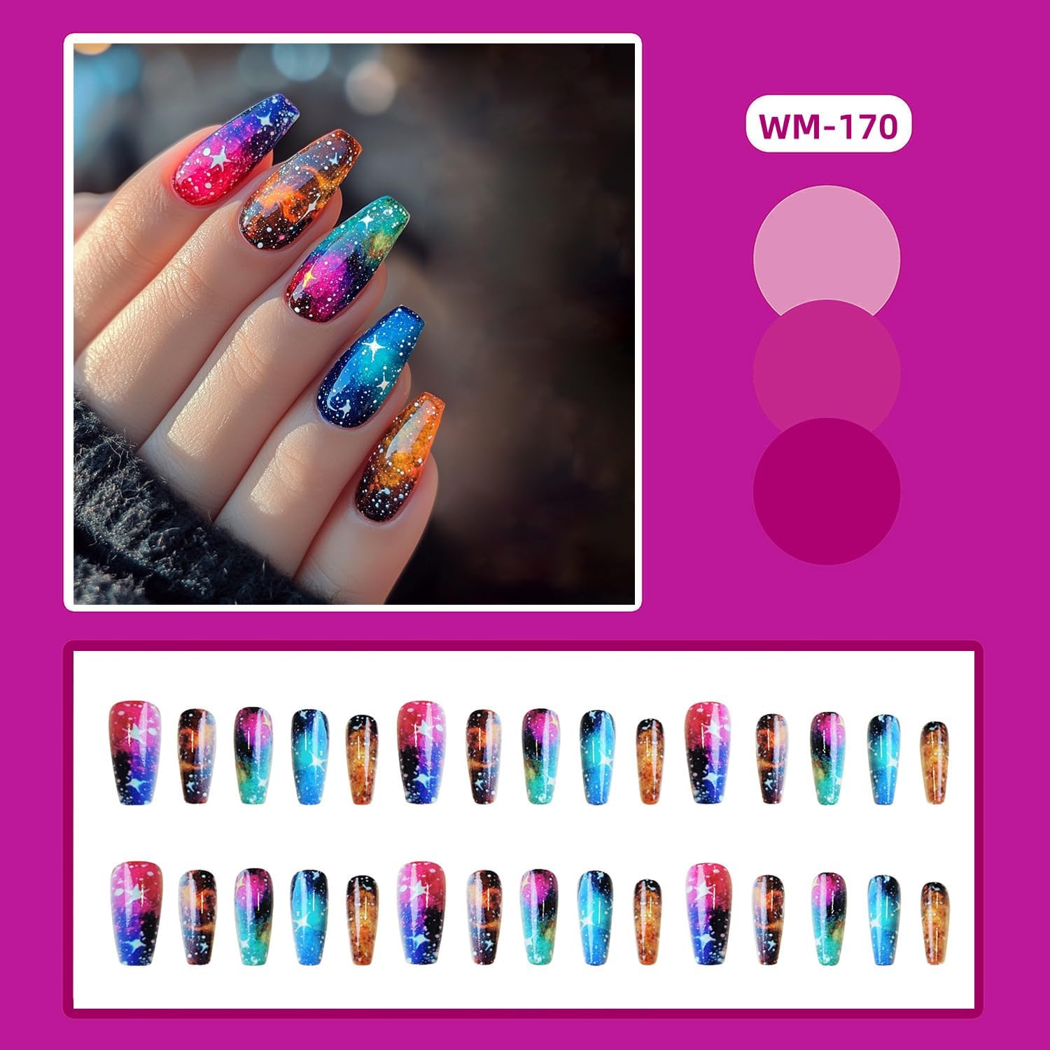 24Pcs Glitter Starry Nails, Acrylic Full Cover Coffin Nails - Medium Press ons, Ballet Tip Design, Colorful Starry Sky, 1 g (Pack of 1) - Image 2