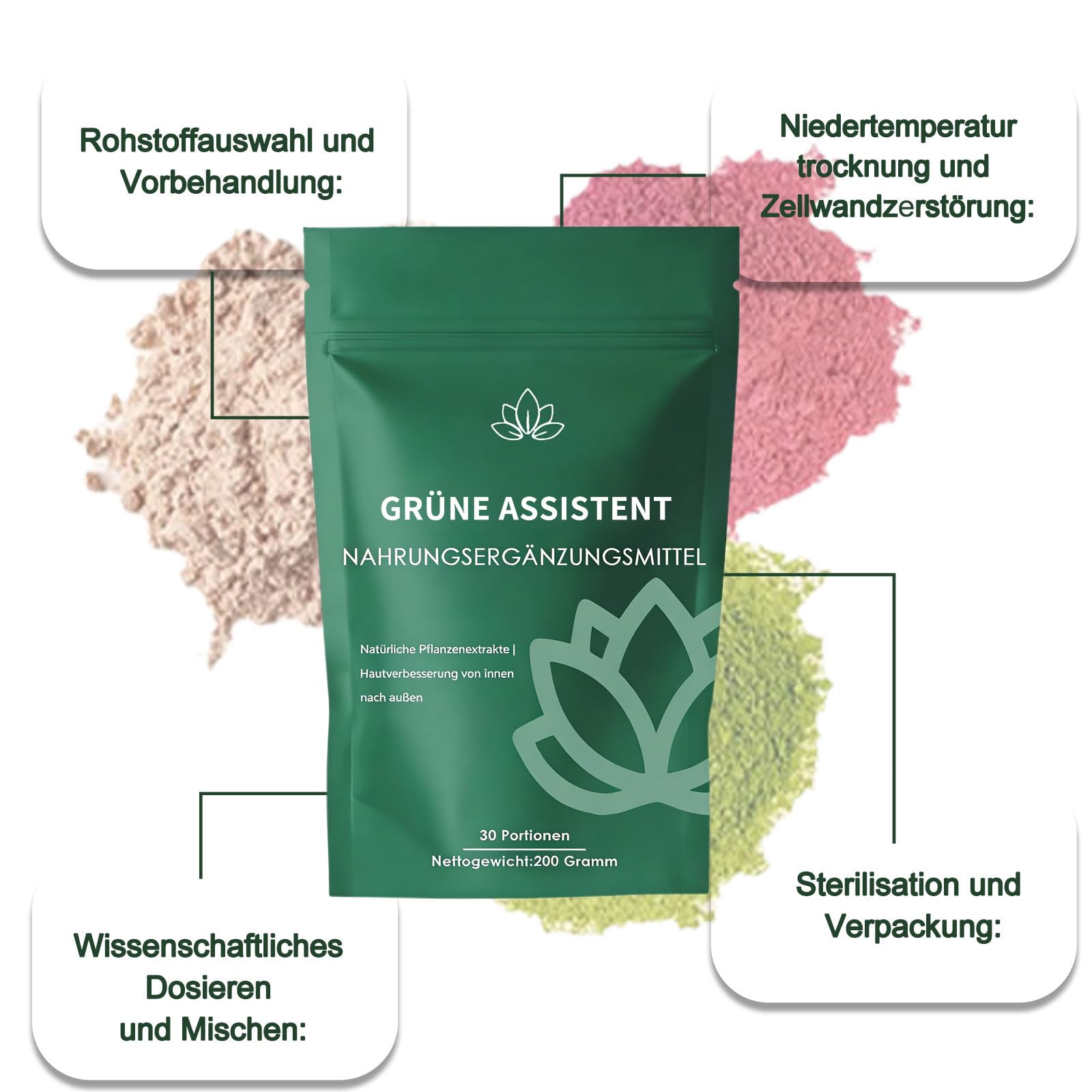 2 Pack Grünes Superfood Pulver 200g, Grüne Entgiftungspulver, Natürliches Pflanzenpulver mit Matcha, Spirulina, Gerstengras & Heidelbeeren, Für Energie & Stoffwechsel (Grüne*2)