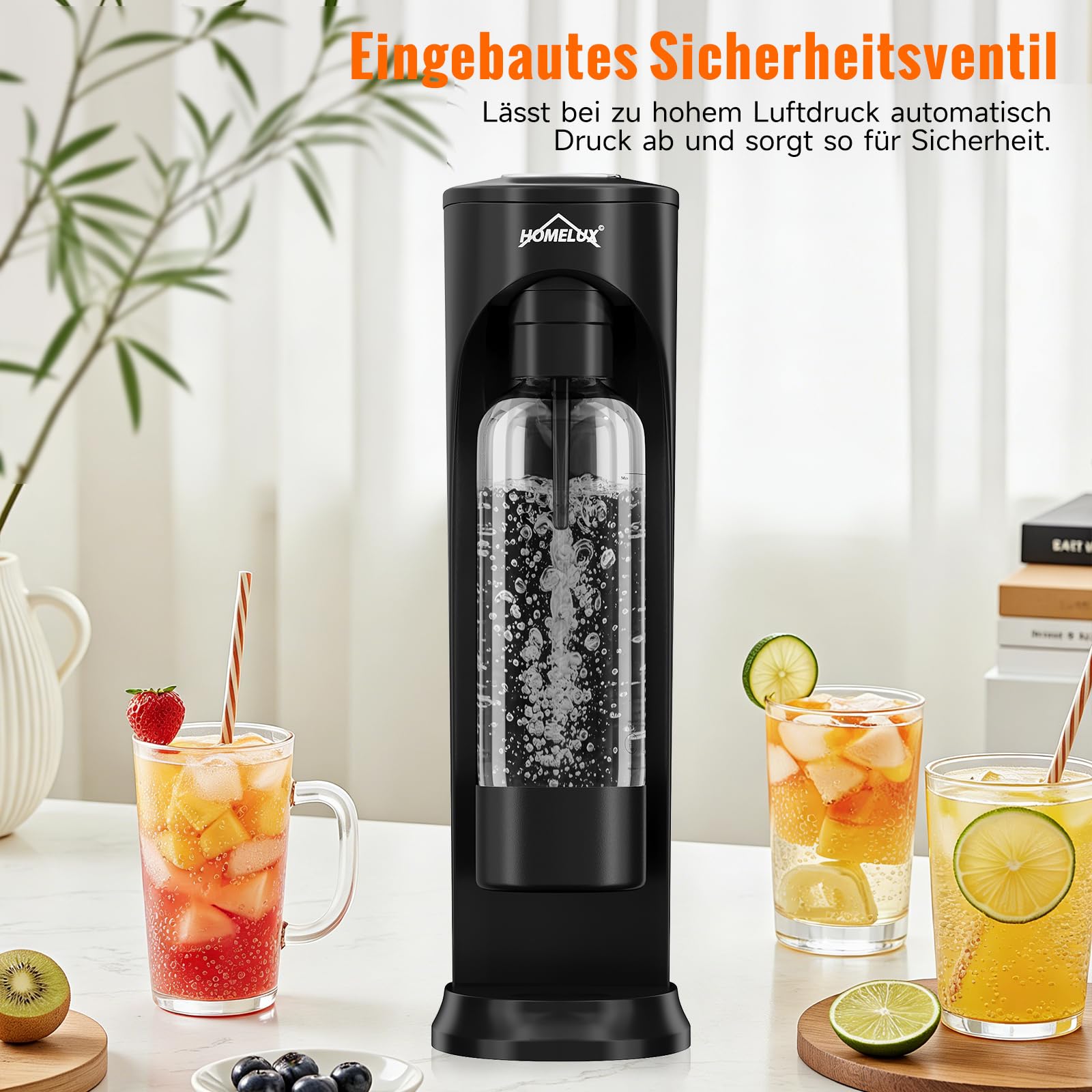 HOMELUX Saturator do wody gazowanej, z butelką PET bez BPA, urządzenie do sody gazowanej, węglan, do saturowania wody z kranu, czarny