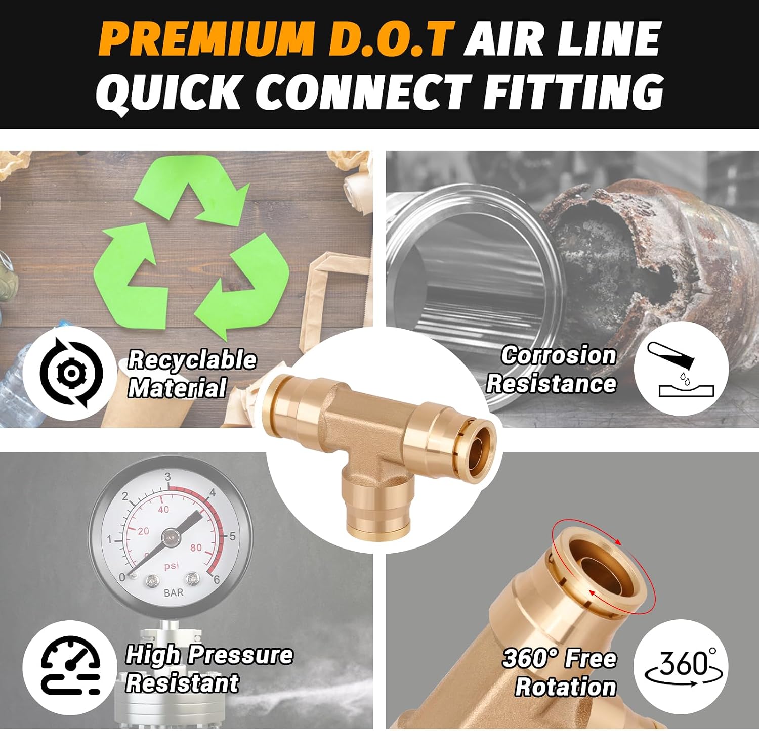 4PCS 3/8" Tee Union DOT Air Fittings，3 Way Tube Air Line Adapter Quick Push to Connect Fittings Brass Union Tee for Car Truck Trailers and Air Brake System