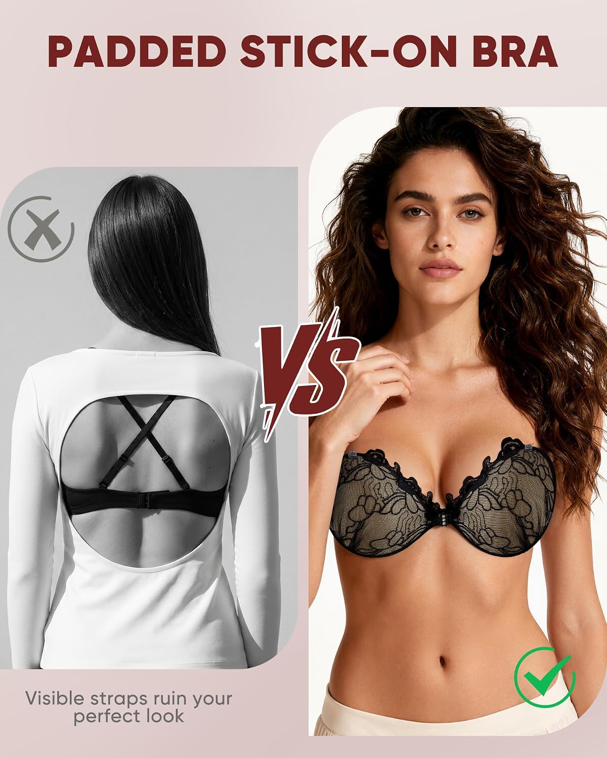 Lace Sticky Bra for Push Up, Thick Padded Adhesive Backless Strapless Bra for Women Wedding Dress