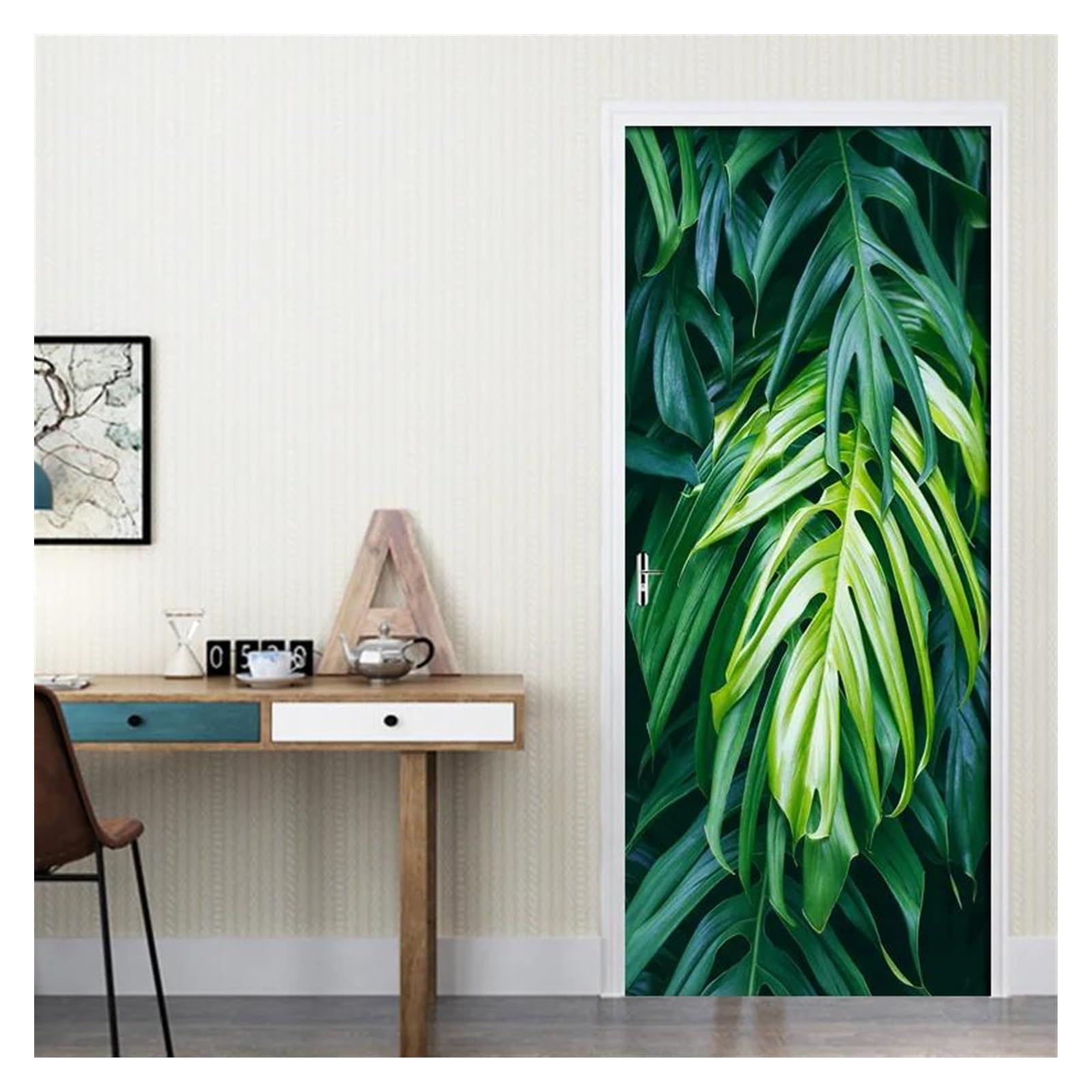 Sticker de porte pour relooker une entrée, autocollant mural 3D feuille de bananier verte en PVC