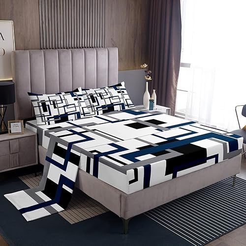 Erosebridal Juego de sábanas cuadradas para niños y niñas, color negro y gris, blanco, azul marino, juego de ropa de cama geométrico, sábana bajera