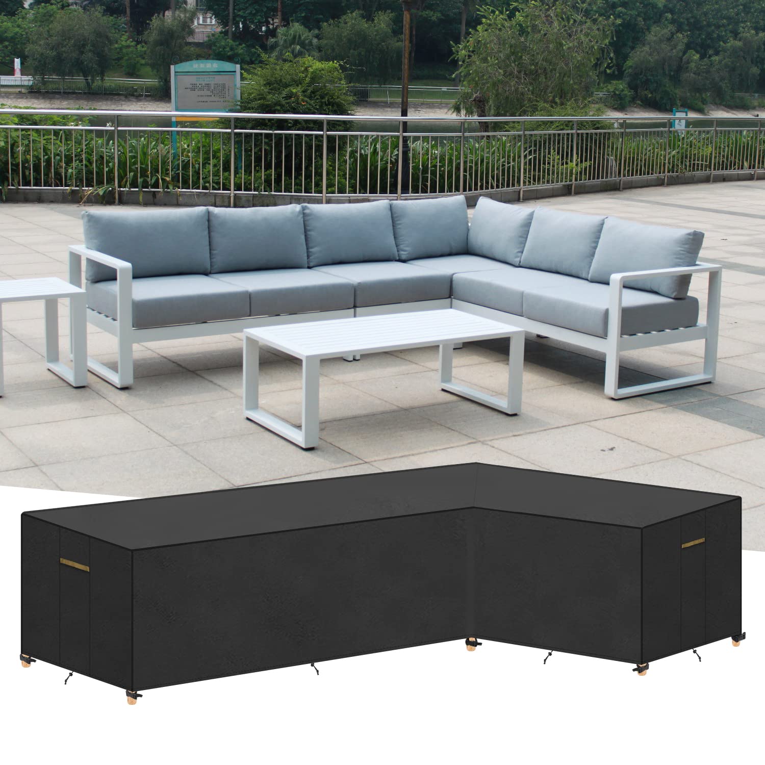 VANSHEIM Pokrowiec na meble ogrodowe w kształcie litery L, wodoszczelny pokrowiec ochronny na sofę narożną 420D Oxford 270 x 216 x 87/80 cm