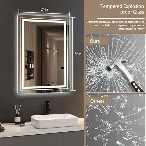 Miniatura 6 de Hoozha Espejo de baño LED de 24 x 36 pulgadas, espejo de baño regulable de 3 colores, brillo ajustable, antivaho, CRI90, impermeable, espejo de baño