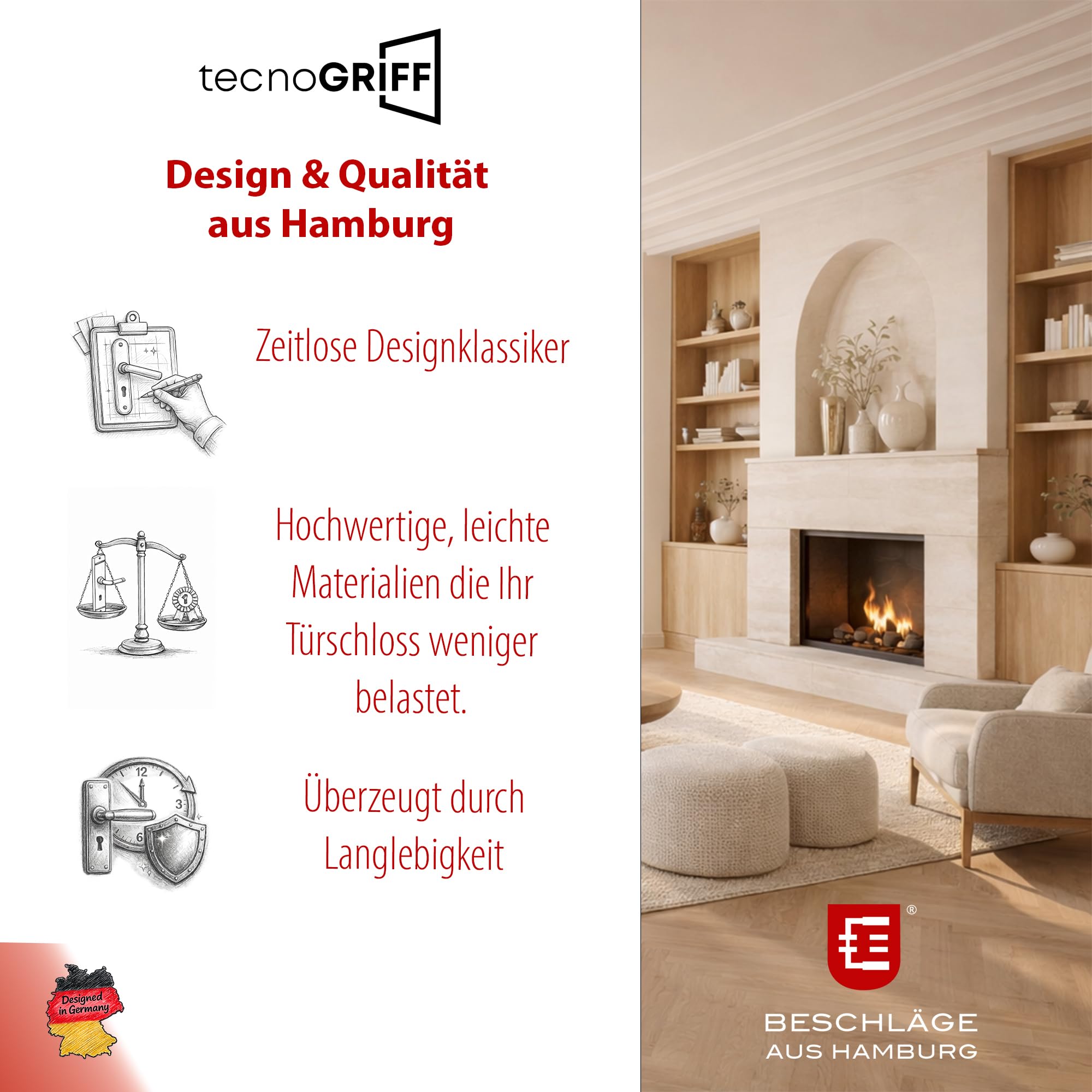Beschläge Hamburg Türgriffe Türbeschlag EMILY ART 70-09 MPN PVD BB — Türklinke mit Buntbart Langschild für Zimmertüren — Drückergarnitur/Türdrücker für Innentüren, Nickel poliert