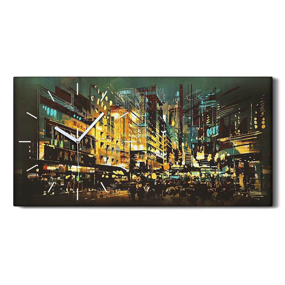 Horloge Toile Design Ville Nuit 60x30 cm | Pendule Silencieuse Salon Moderne
