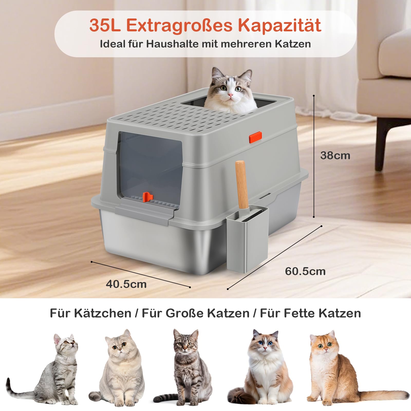 Edelstahl Katzenklo mit Deckel, 60.5*40.5*38 cm Katzentoilette Geschlossen | XXL Metall Katzenklo Edelstahl , 35L Große Kapazität, Schaufel und Fußpedal, Hoher Rand, Auslaufsicher und Leicht Reinigen
