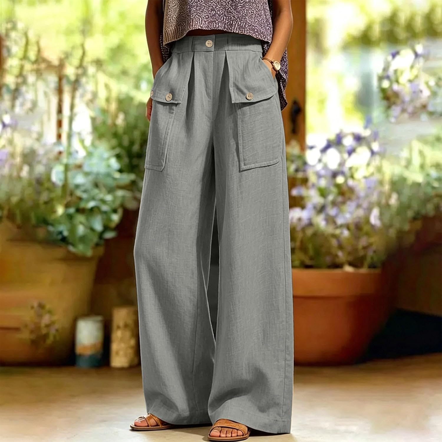 Elastic Waist Loose Baggy Cotton Harem Trousers, Lightweight Relaxed Bottoms for Womens Summer Beach Trips
