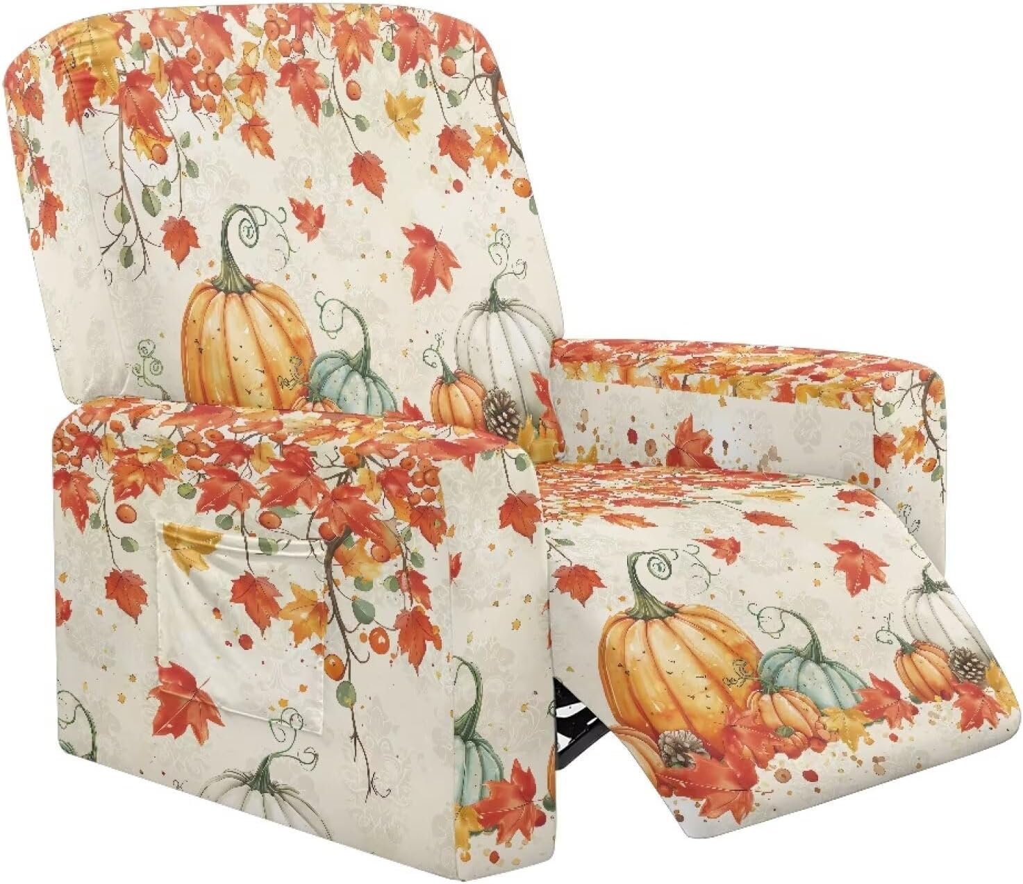 FOR U DESIGNS Maple Leaves Pumpkin Recliner Chair Covers 4-Pieces Stretch Cover with Storage Pockets Washable Protector for Single-Seater Sofas Easy to Install for Pets and Kids