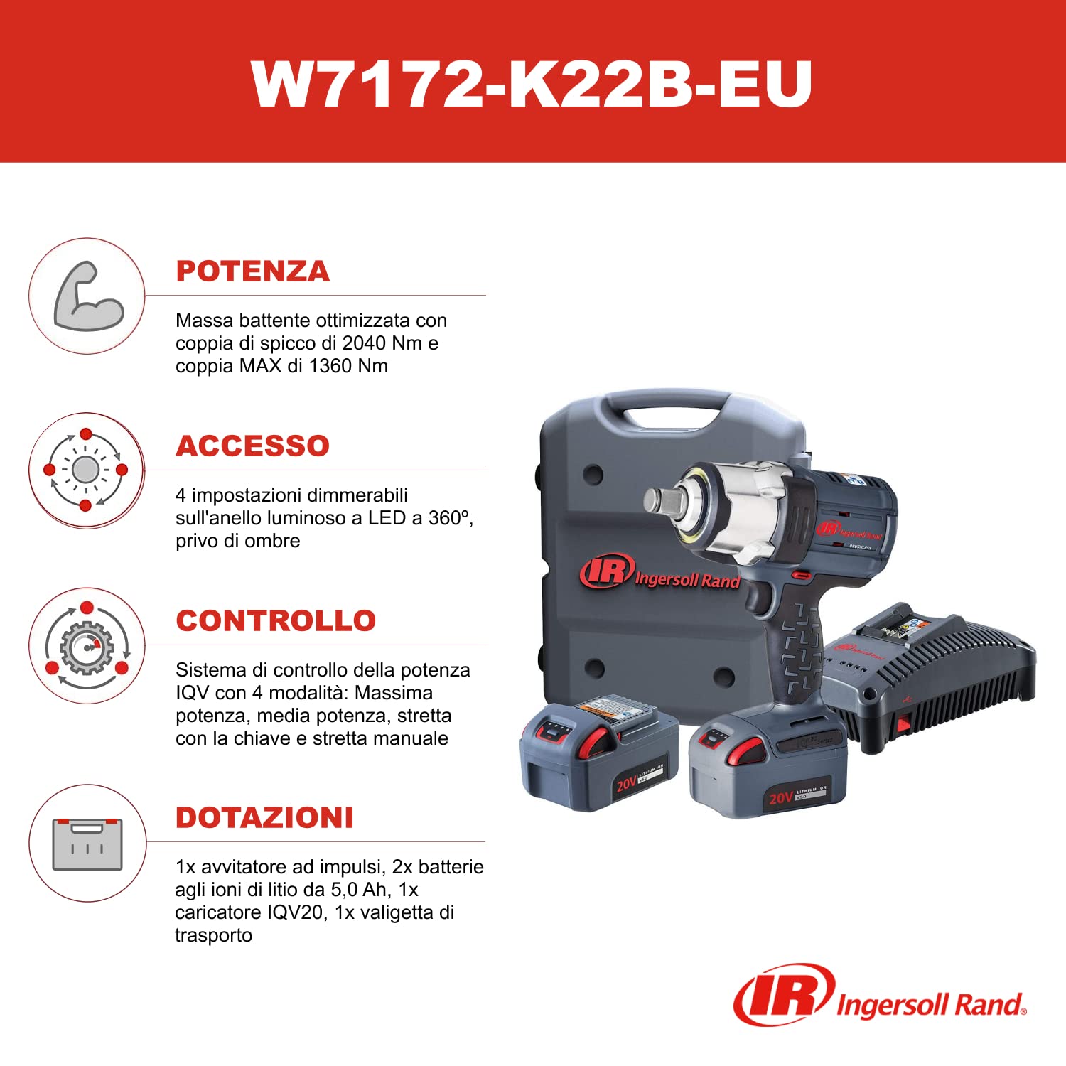Ingersoll-Rand W7172-K22B-EU - Kit con avvitatore ad impulsi cordless 20 V da 3/4", 2 batterie agli ioni di litio BL2022 5,0 Ah