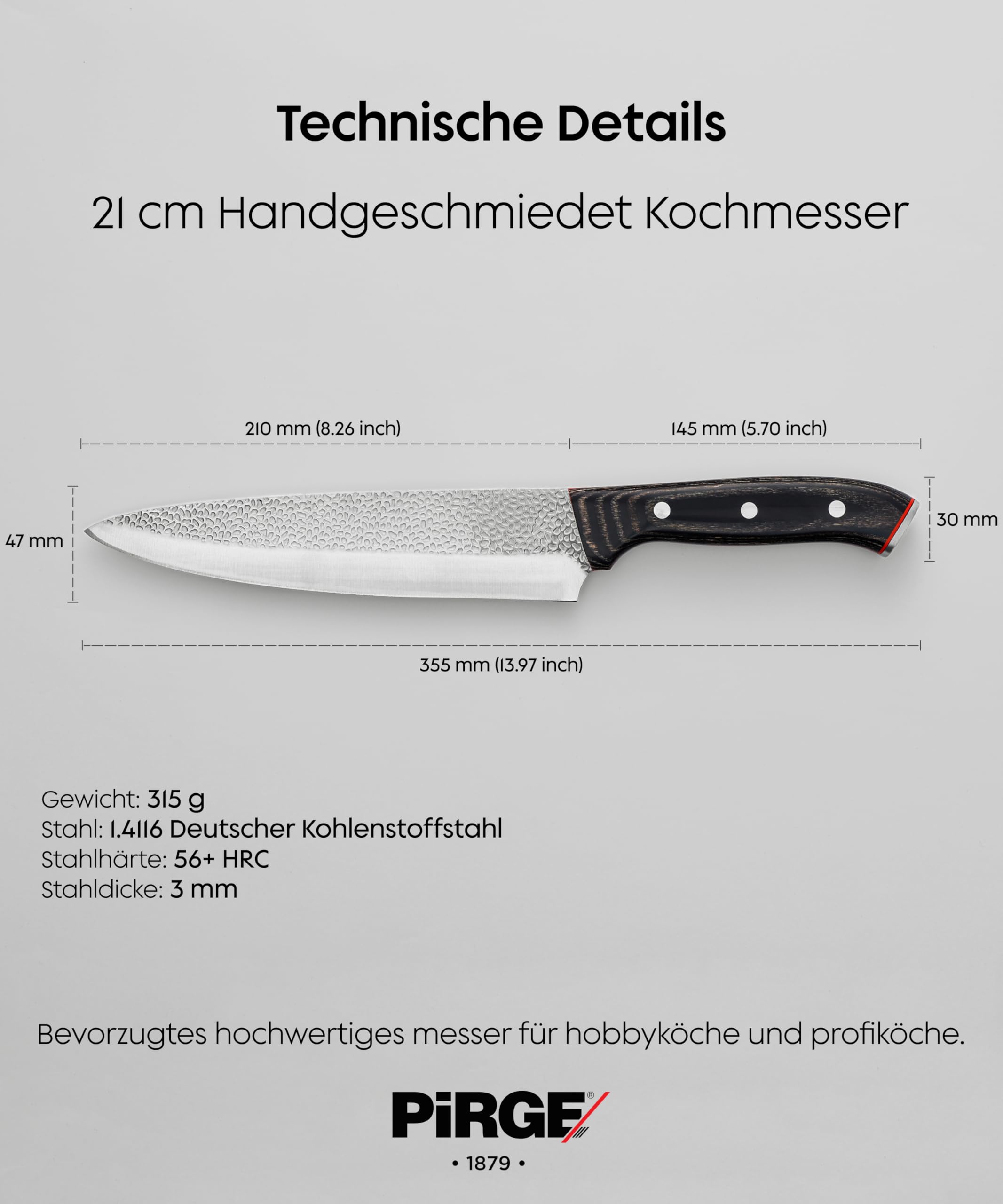 Pirge Cuchillo de cocinero forjado de 21 cm - Cuchillo de cocina con alicates continuos de madera compuesta - Excelente nitidez, cuchillo universal - Acero inoxidable alemán 56 HRC con alto contenido