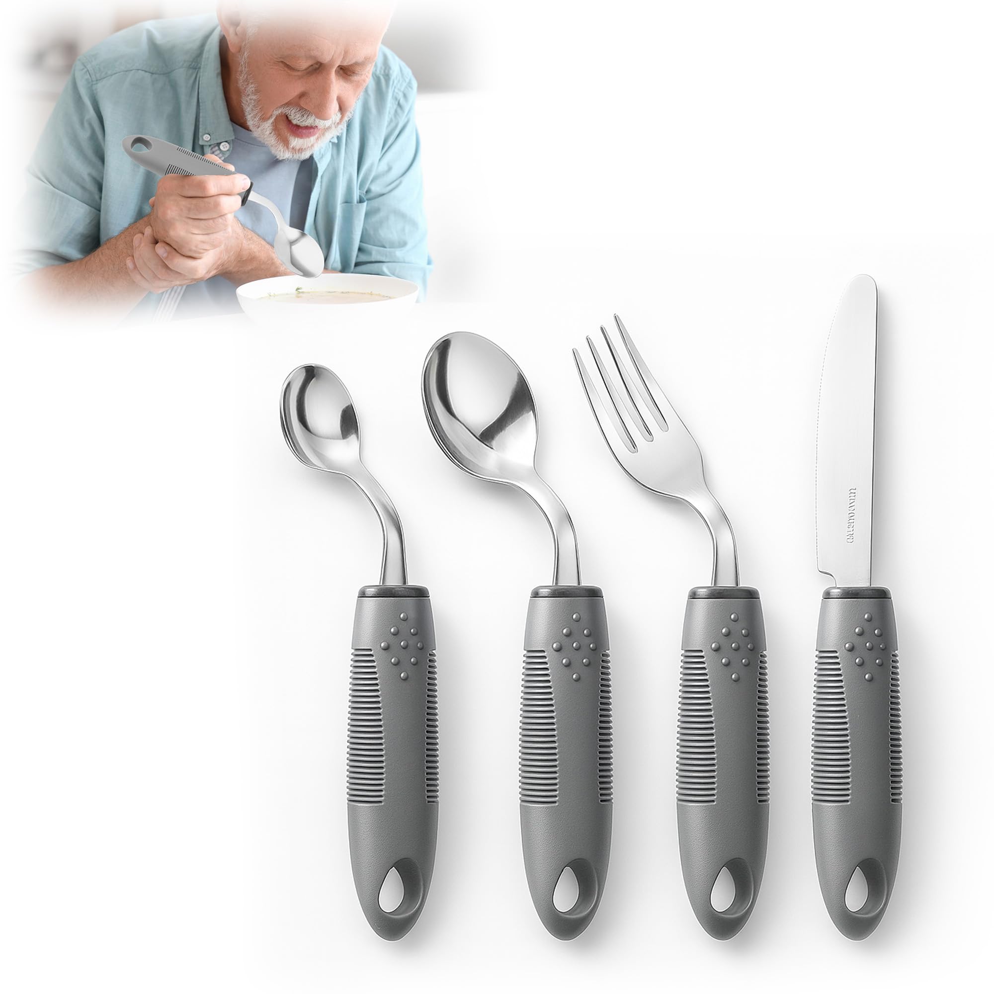 Juego de 4 cubiertos Parkinson para discapacitados: cucharas de Parkinson de plástico PP de alta calidad y acero inoxidable 2CR14, ayudas ergonómicas para temblores, trastornos de movimiento, artritis