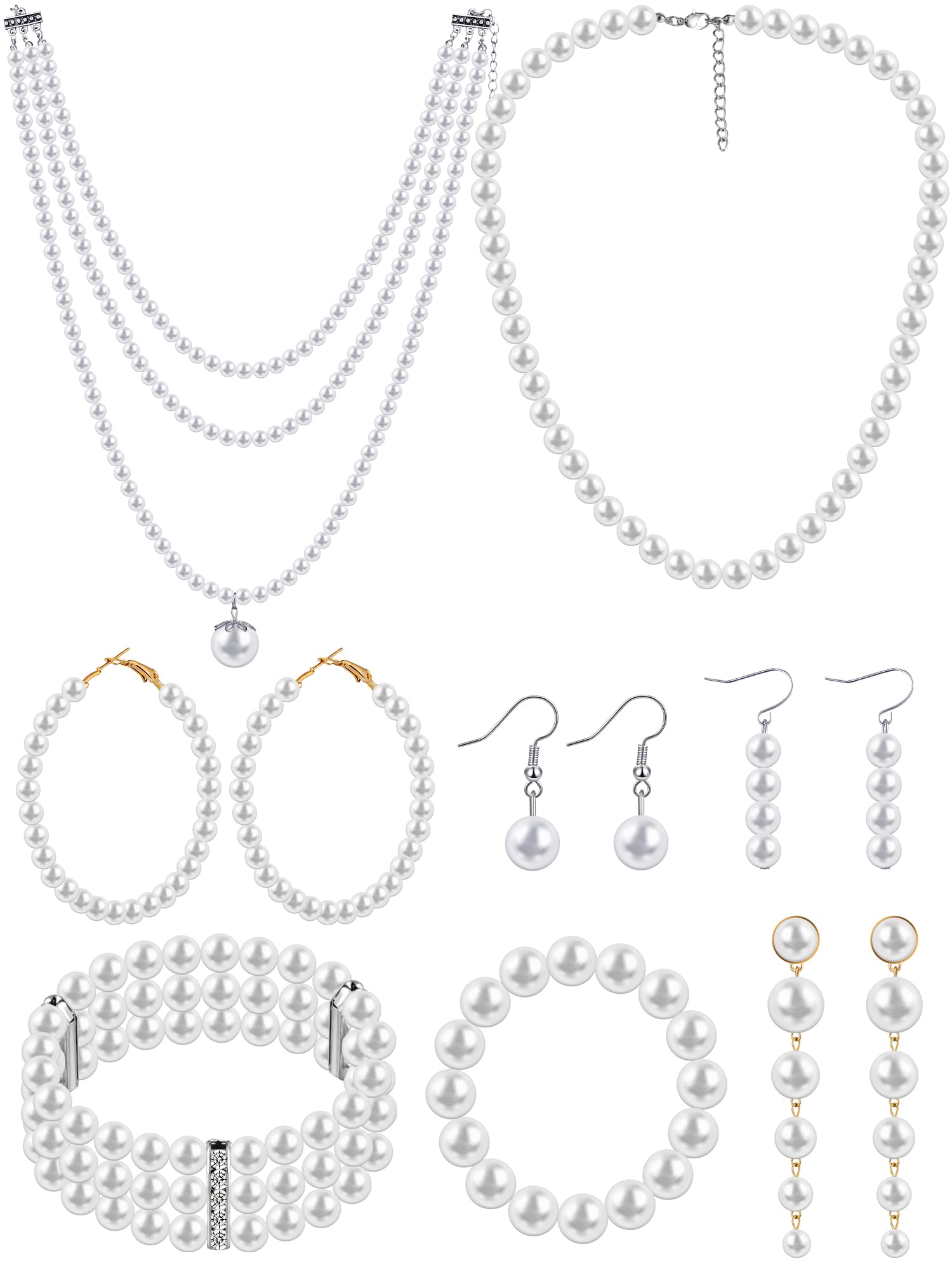 BBTO 8 Pcs Pearl Necklace and Earrings Set for Women Pearl Jewelry Set Faux Necklace Earrings Simulated Bracelets