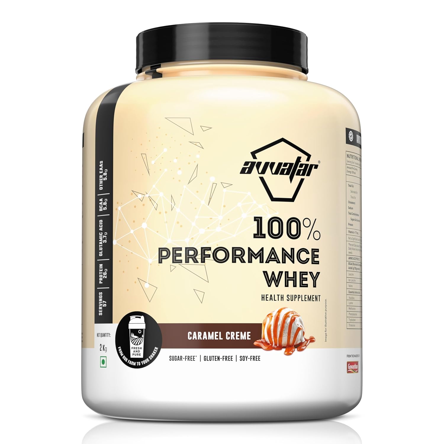avvatar PERFORMANCE WHEY PROTEIN | 2Kg | Caramel Creme Flavour | 26g protein | 57 servings