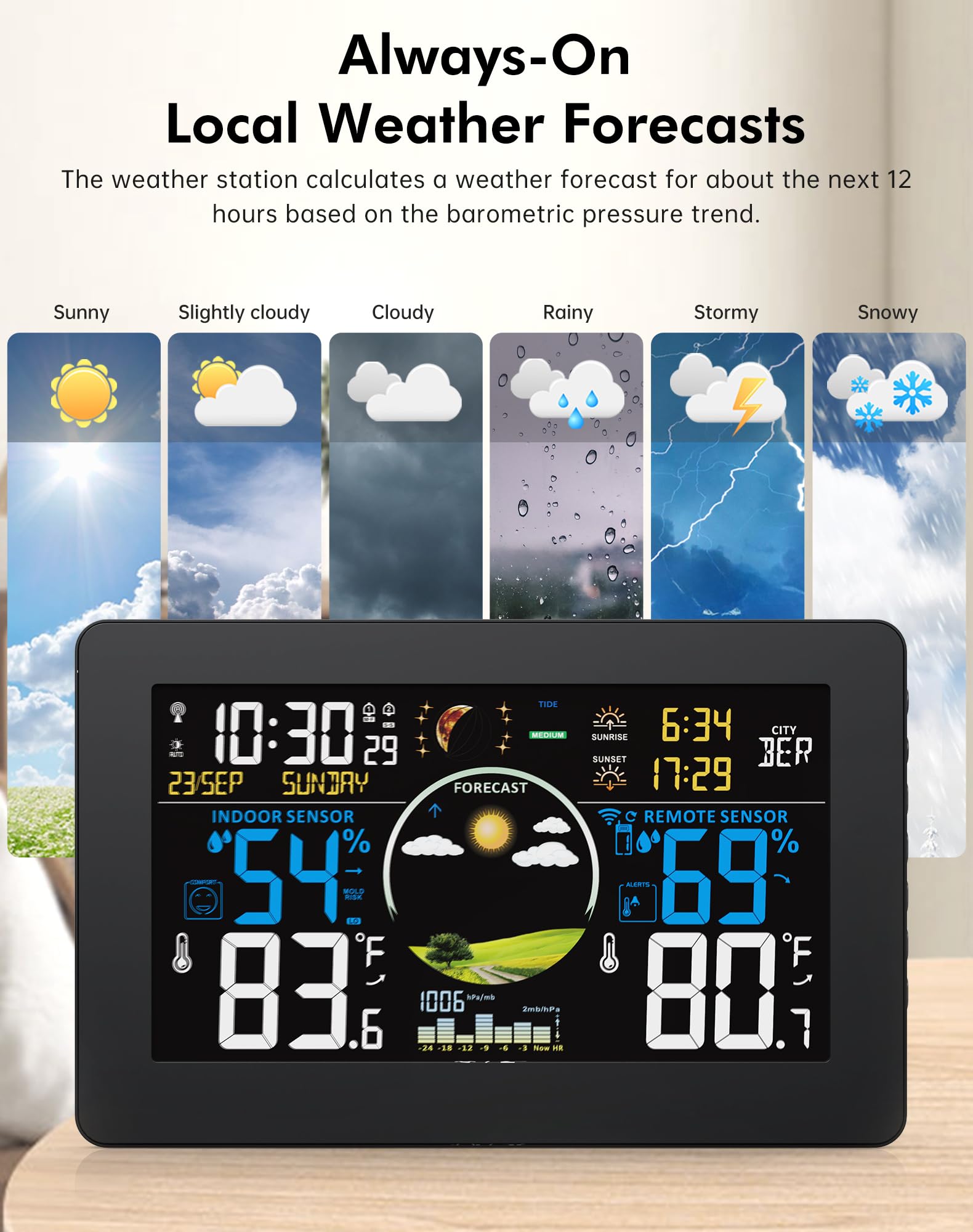 Estación meteorológica inalámbrica para interiores y exteriores, pantalla VA de 7.5 pulgadas con sensor remoto, estación meteorológica para el hogar con pronóstico del tiempo, temperatura