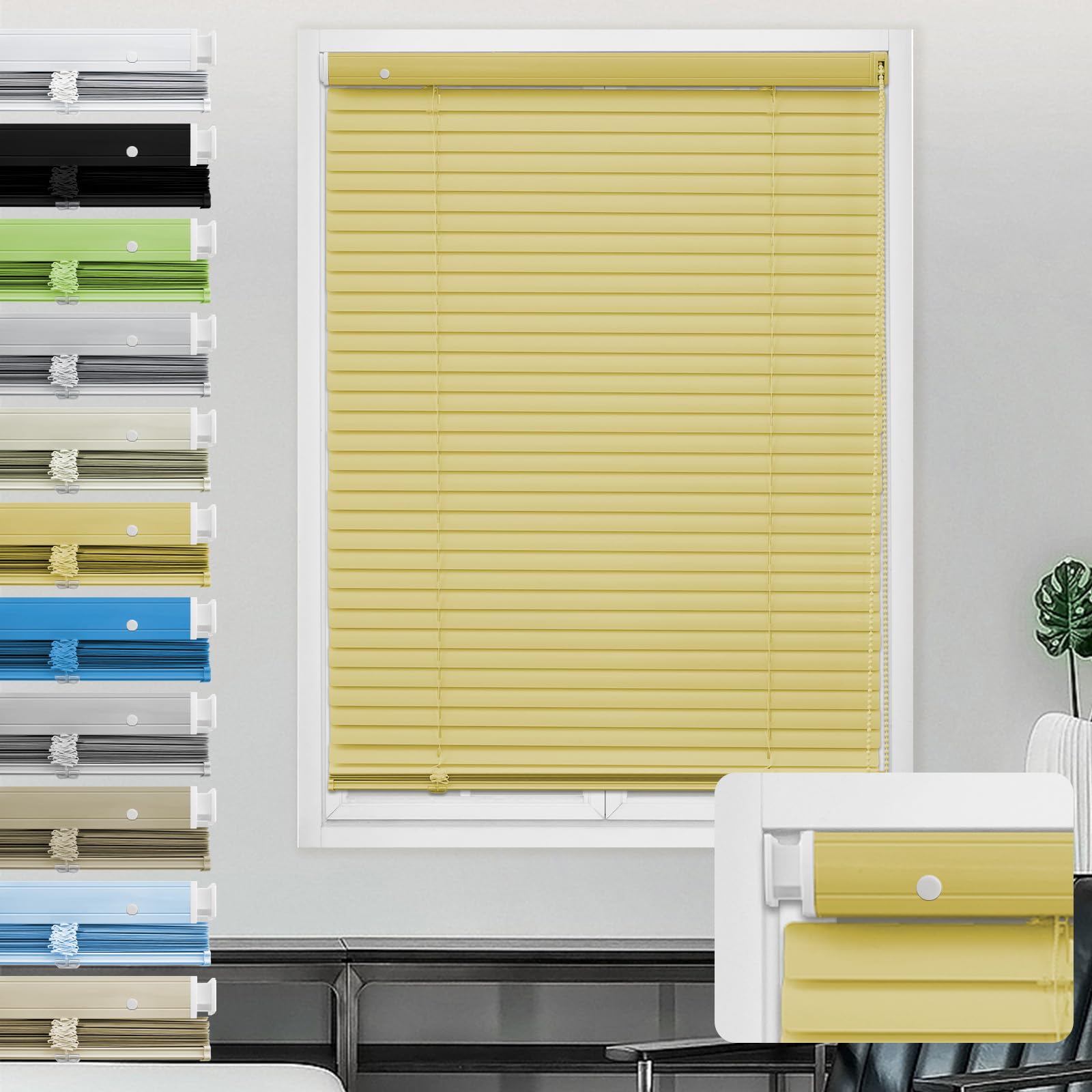 Moonice Aluminum Venetian Blinds No Drill No Tools Window Venetian Blind Color-Matched Horizontal Shade 25mm Slats Waterproof Shades for Office Home Interior Door (Yellow,145cm W x 135cm H)