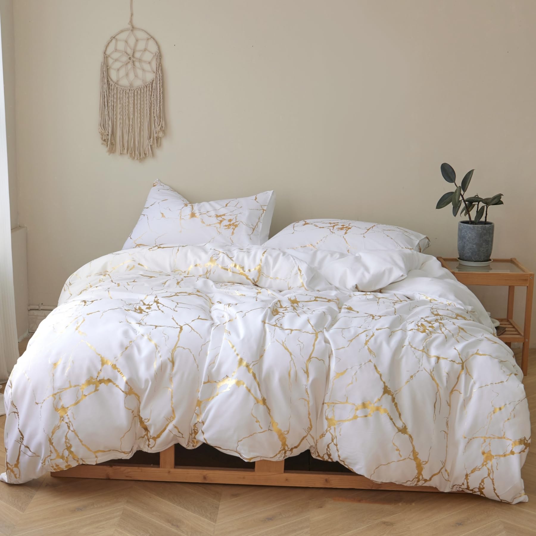 Parure de lit 135 x 200 cm microfibre brossée motif marbre blanc et doré au fini esthétique